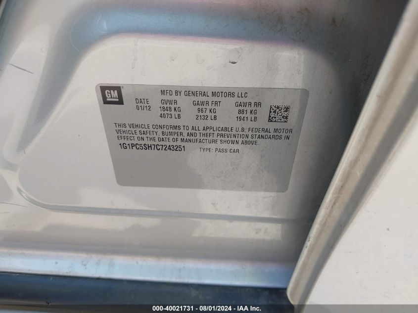2012 Chevrolet Cruze Ls VIN: 1G1PC5SH7C7243251 Lot: 40021731