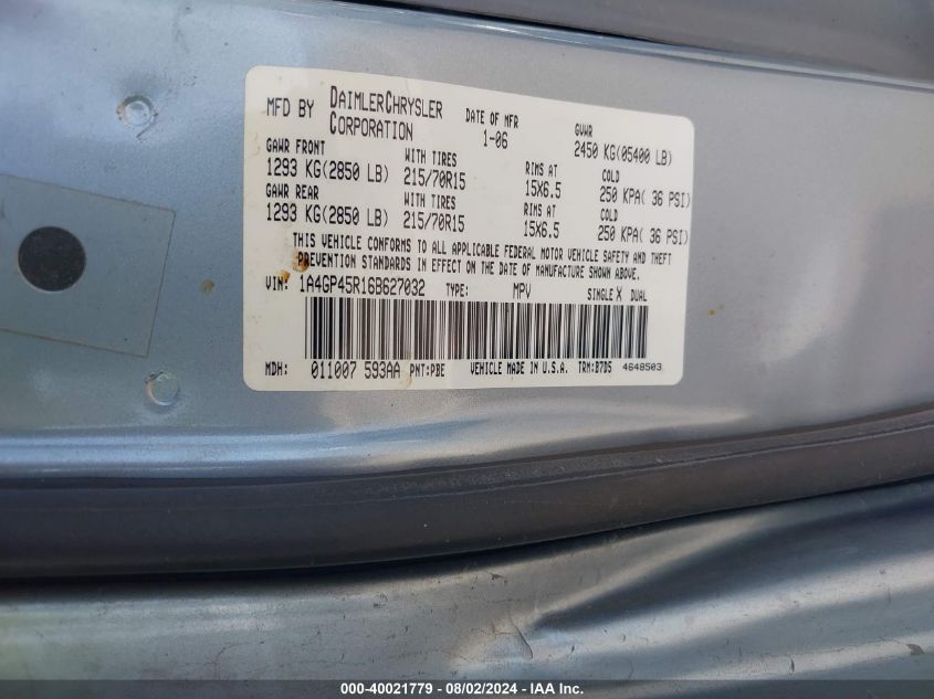 2006 Chrysler Town & Country VIN: 1A4GP45R16B627032 Lot: 40021779