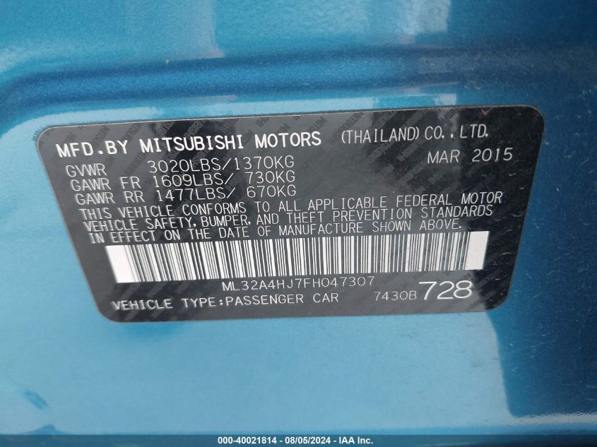 ML32A4HJ7FH047307 2015 Mitsubishi Mirage Es/Rf