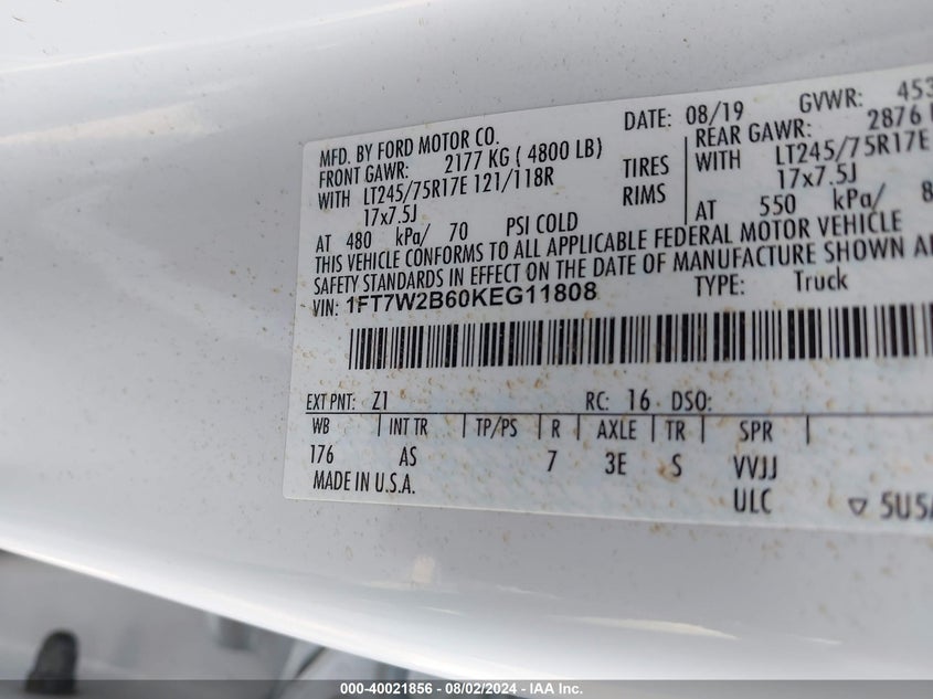 2019 Ford F-250 Xl VIN: 1FT7W2B60KEG11808 Lot: 40021856
