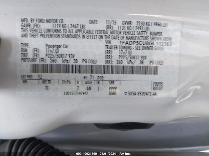 2016 Ford C-Max Energi Sel VIN: 1FADP5CU8GL102363 Lot: 40021869