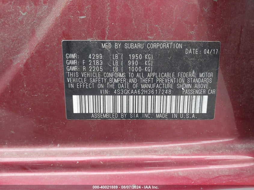 2017 Subaru Impreza VIN: 4S3GKAA62H3617248 Lot: 40021889