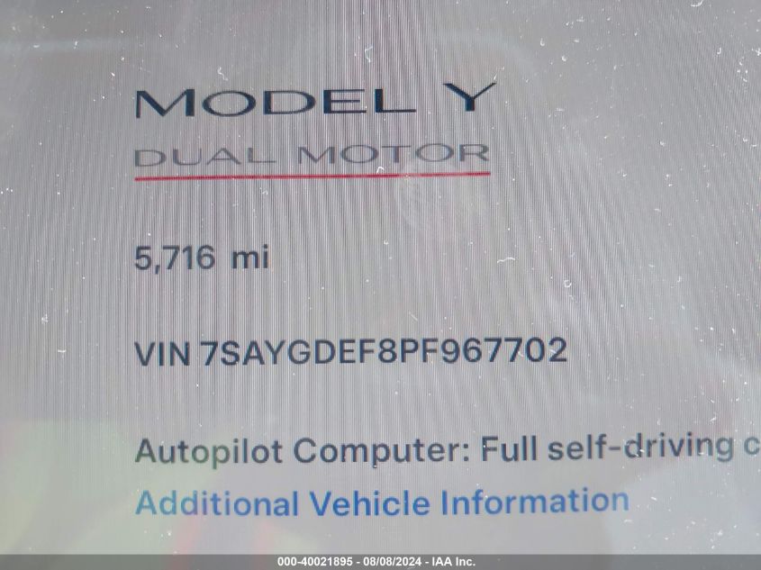 2023 Tesla Model Y VIN: 7SAYGDEF8PF967702 Lot: 40021895