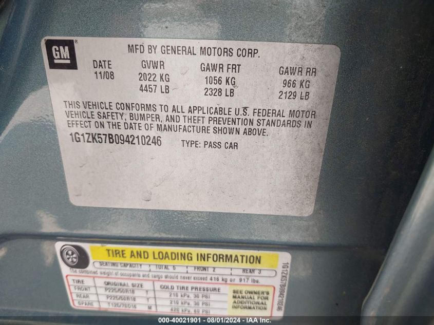 2009 Chevrolet Malibu Ltz VIN: 1G1ZK57B094210246 Lot: 40021901