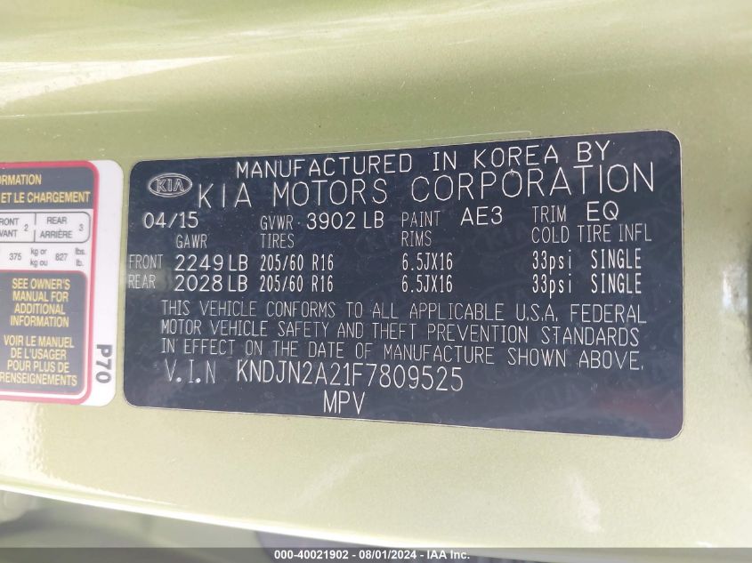 KNDJN2A21F7809525 | 2015 KIA SOUL