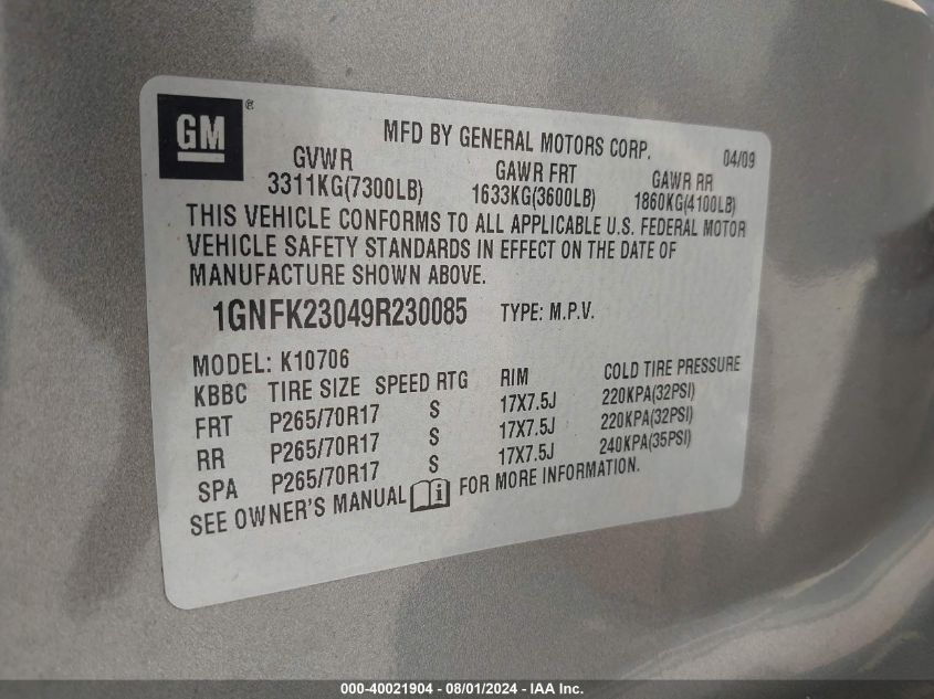 2009 Chevrolet Tahoe Lt1 VIN: 1GNFK23049R230085 Lot: 40021904