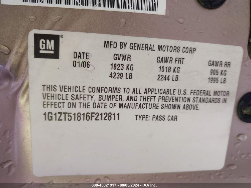 2006 Chevrolet Malibu Lt VIN: 1G1ZT51816F212811 Lot: 40021917