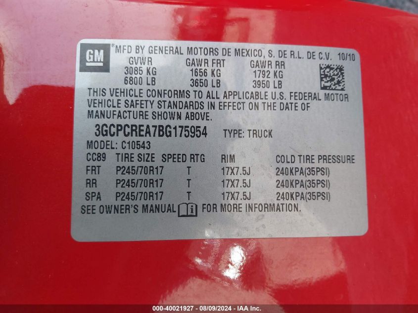 2011 Chevrolet Silverado 1500 Ls VIN: 3GCPCREA7BG175954 Lot: 40021927