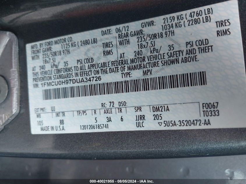 2013 Ford Escape Sel VIN: 1FMCU0H97DUA34726 Lot: 40021955