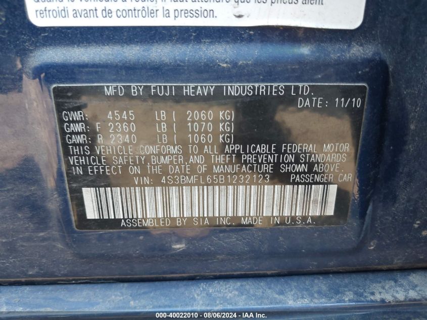 2011 Subaru Legacy 2.5Gt Limited VIN: 4S3BMFL65B1232123 Lot: 40022010