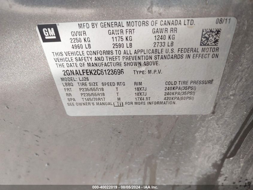 2012 Chevrolet Equinox Ltz VIN: 2GNALFEK2C6123696 Lot: 40022019