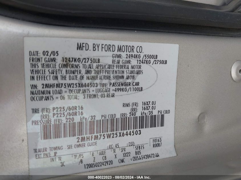 2005 Mercury Grand Marquis Ls VIN: 2MEFM75W75X622266 Lot: 40022023