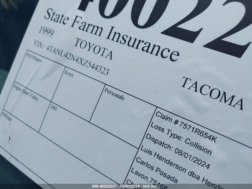 1999 Toyota Tacoma VIN: 4TANL42N4XZ544323 Lot: 40022037