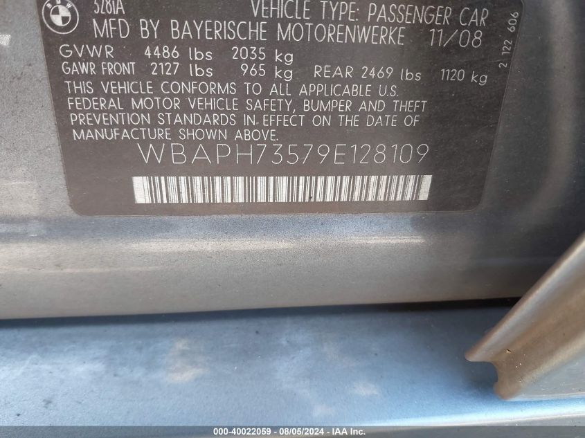 2009 BMW 328 I VIN: WBAPH73579E128109 Lot: 40022059