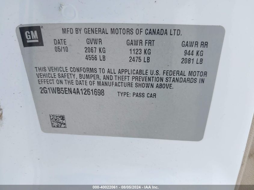 2010 Chevrolet Impala Lt VIN: 2G1WB5EN4A1261698 Lot: 40022061