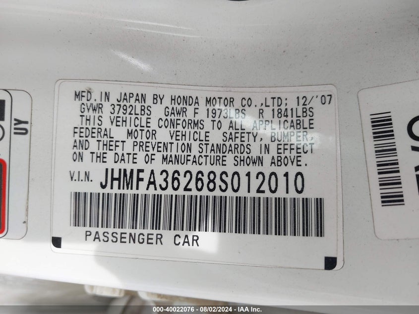 2008 Honda Civic Hybrid VIN: JHMFA36268S012010 Lot: 40022076