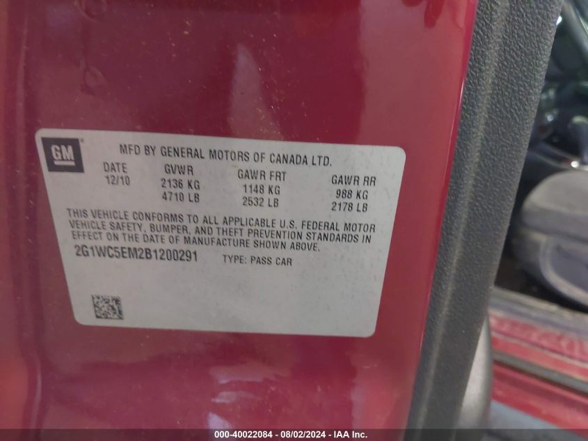 2011 Chevrolet Impala Ltz VIN: 2G1WC5EM2B1200291 Lot: 40022084