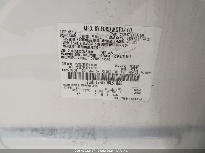 2013 Lincoln Mkt VIN: 2LMHJ5FK2DBL51888 Lot: 40022127