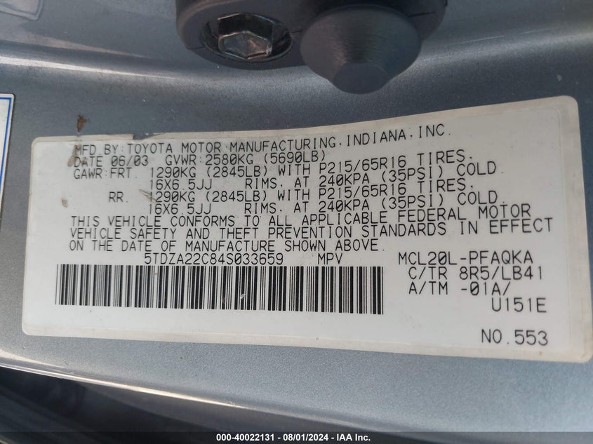 2004 Toyota Sienna Xle VIN: 5TDZA22C84S033659 Lot: 40022131