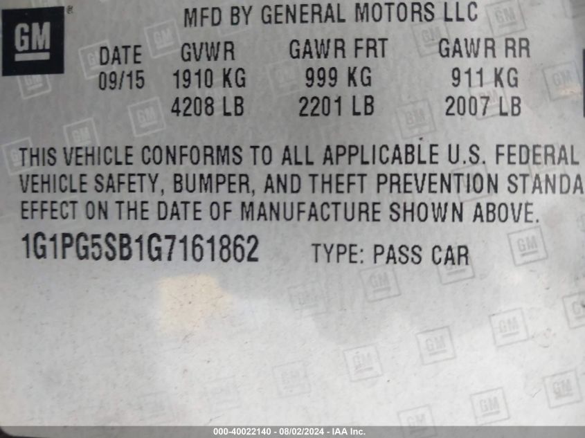 2016 Chevrolet Cruze Limited Ltz VIN: 1G1PG5SB1G7161862 Lot: 40022140