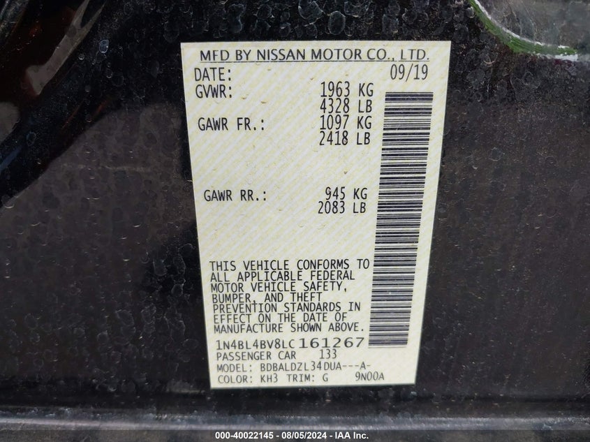 2020 Nissan Altima S Fwd VIN: 1N4BL4BV8LC161267 Lot: 40022145