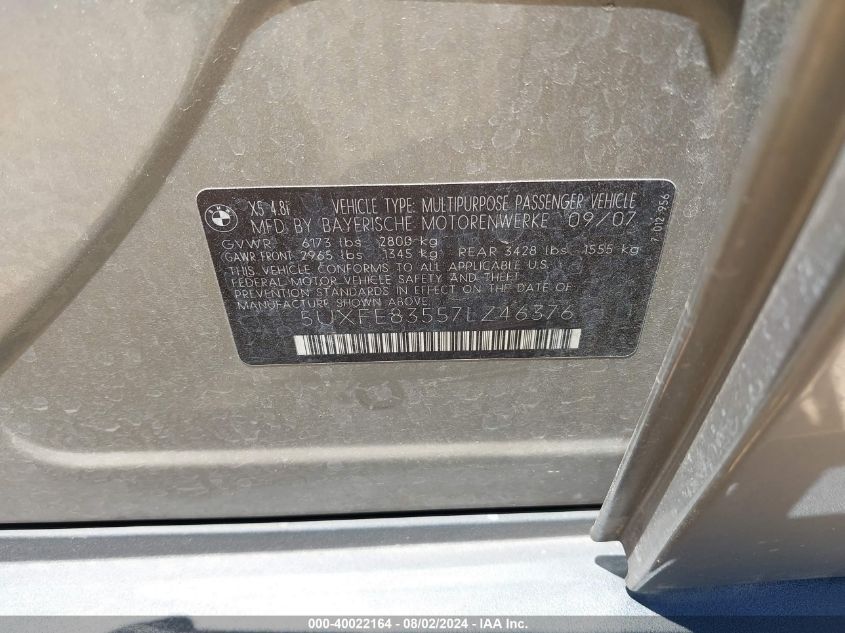 2007 BMW X5 4.8I VIN: 5UXFE83557LZ46376 Lot: 40022164