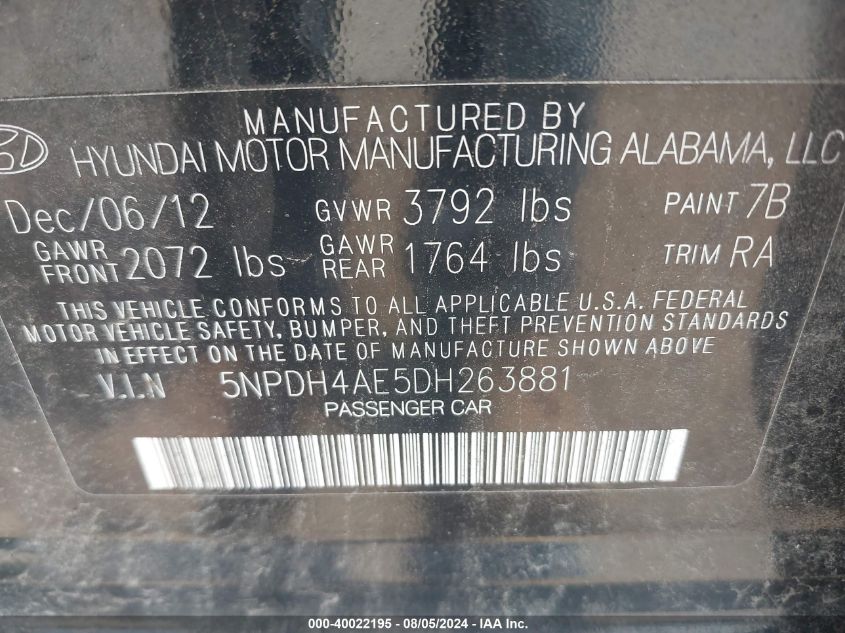 2013 Hyundai Elantra Gls VIN: 5NPDH4AE5DH263881 Lot: 40022195