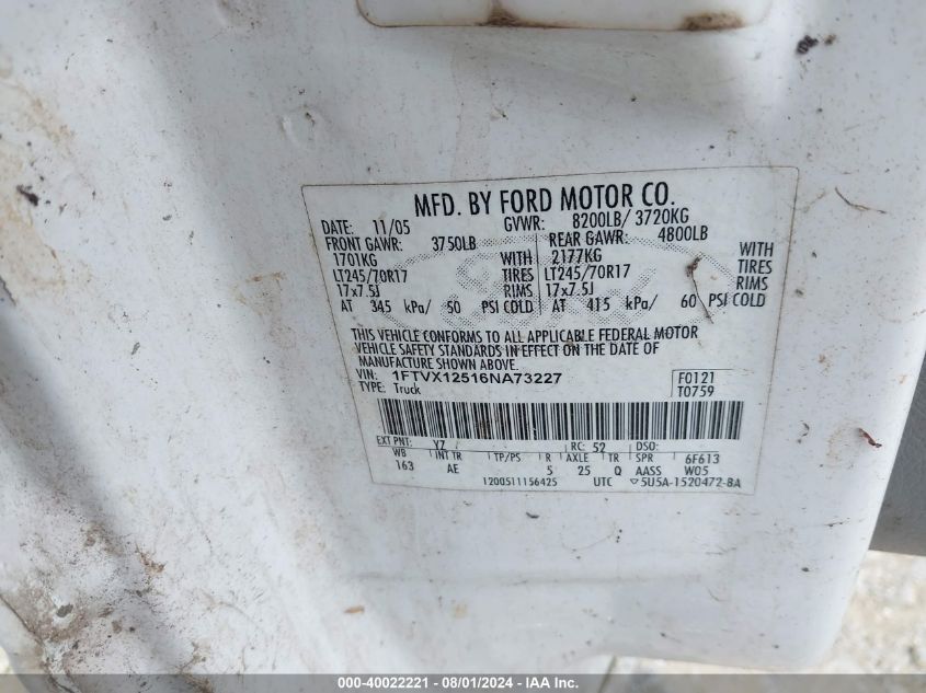 2006 Ford F-150 Lariat/Xl/Xlt VIN: 1FTVX12516NA73227 Lot: 40022221