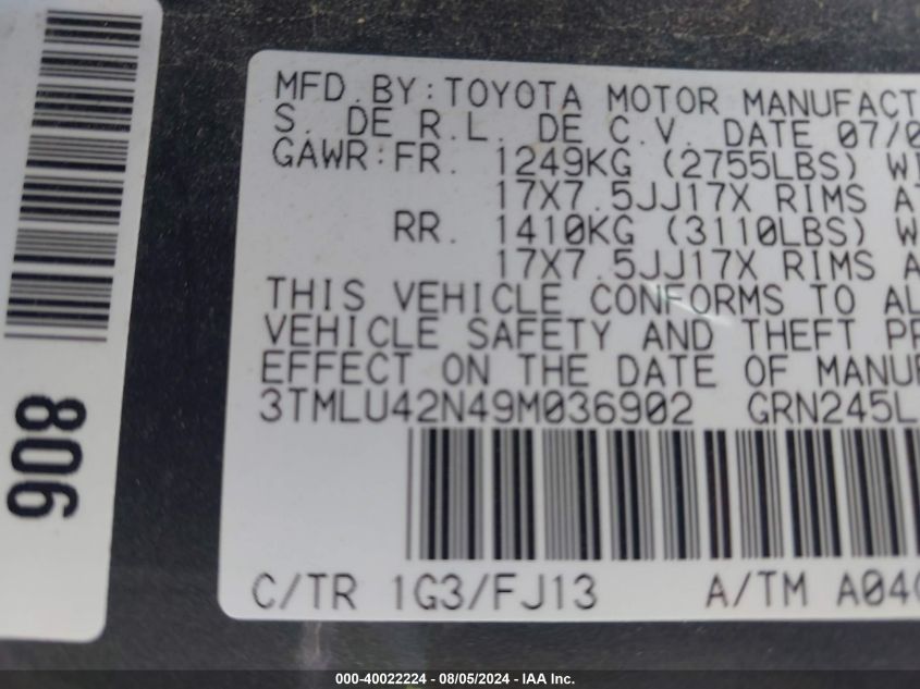 2009 Toyota Tacoma Base V6 VIN: 3TMLU42N49M036902 Lot: 40488230