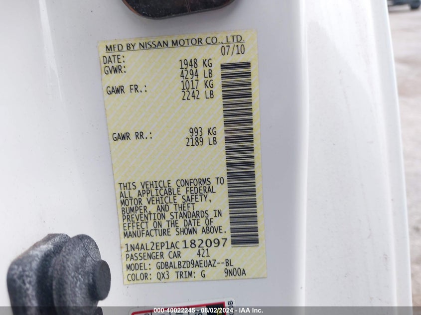 2010 Nissan Altima 2.5 S VIN: 1N4AL2EP1AC182097 Lot: 40022245