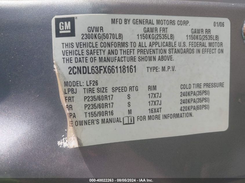 2CNDL63FX66118161 2006 Chevrolet Equinox Lt