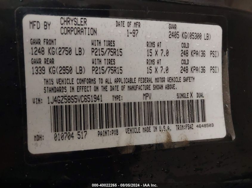 1997 Jeep Grand Cherokee Laredo/Tsi VIN: 1J4GZ58S5VC651941 Lot: 40022265