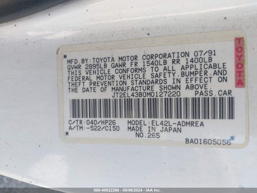 1991 Toyota Tercel Deluxe VIN: JT2EL43B0M0127220 Lot: 40022266