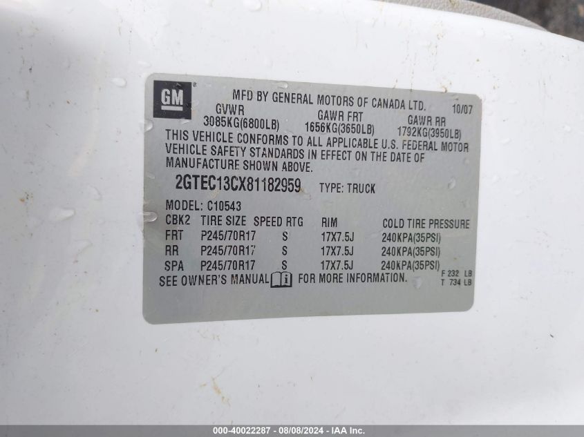 2008 GMC Sierra 1500 Work Truck VIN: 2GTEC13CX81182959 Lot: 40022287