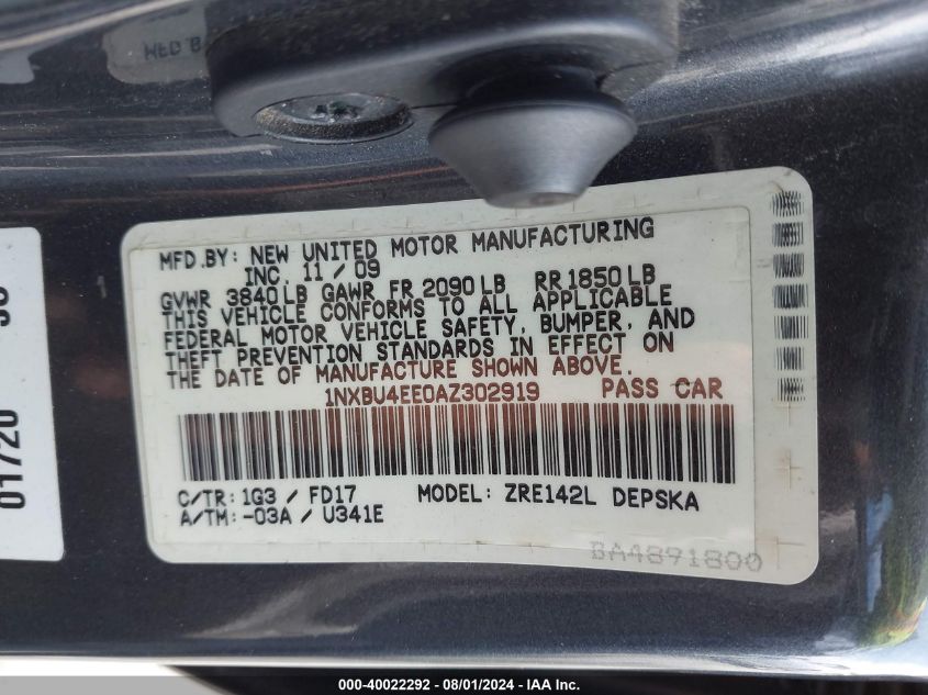 2010 Toyota Corolla S VIN: 1NXBU4EE0AZ302919 Lot: 40022292