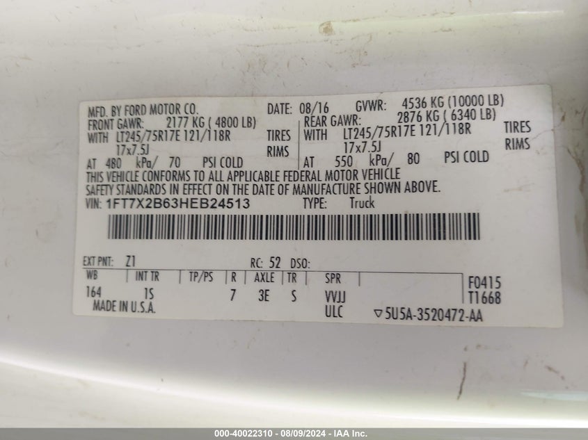 2017 Ford F-250 Xl VIN: 1FT7X2B63HEB24513 Lot: 40022310