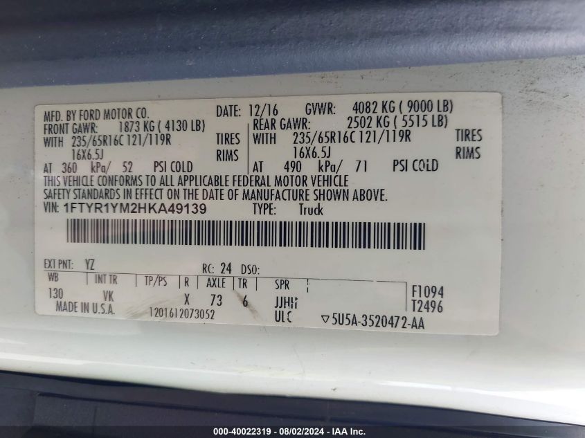 2017 Ford Transit-250 VIN: 1FTYR1YM2HKA49139 Lot: 40022319