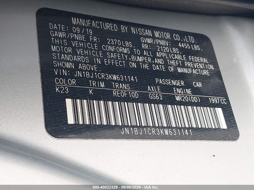 2019 Nissan Rogue Sport Sv VIN: JN1BJ1CR3KW631141 Lot: 40022329