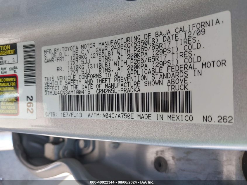 2010 Toyota Tacoma Prerunner V6 VIN: 3TMJU4GN3AM100416 Lot: 40022344