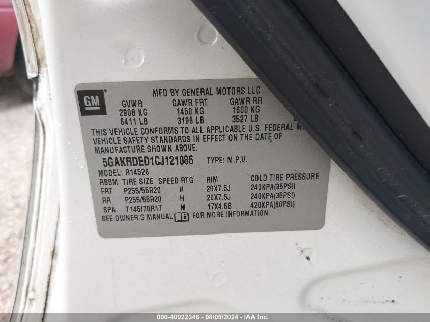 2012 Buick Enclave Premium VIN: 5GAKRDED1CJ121086 Lot: 40022346