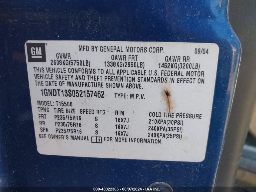 2005 Chevrolet Trailblazer Ls VIN: 1GNDT13S052157462 Lot: 40022365