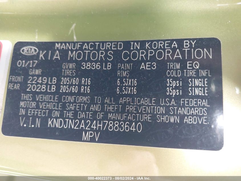 2017 Kia Soul VIN: KNDJN2A24H7883640 Lot: 40022373