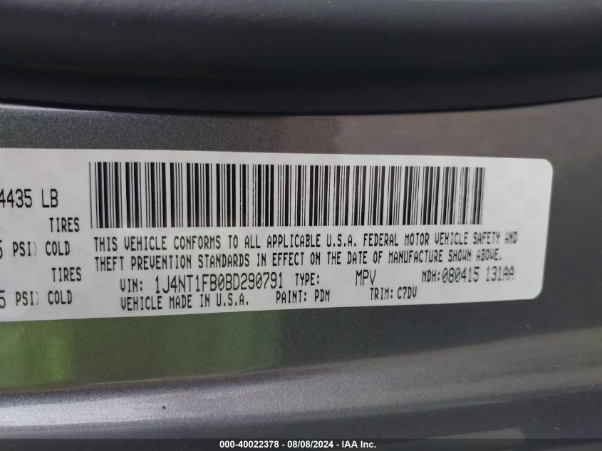 2011 Jeep Compass Sport VIN: 1J4NT1FB0BD290791 Lot: 40022378