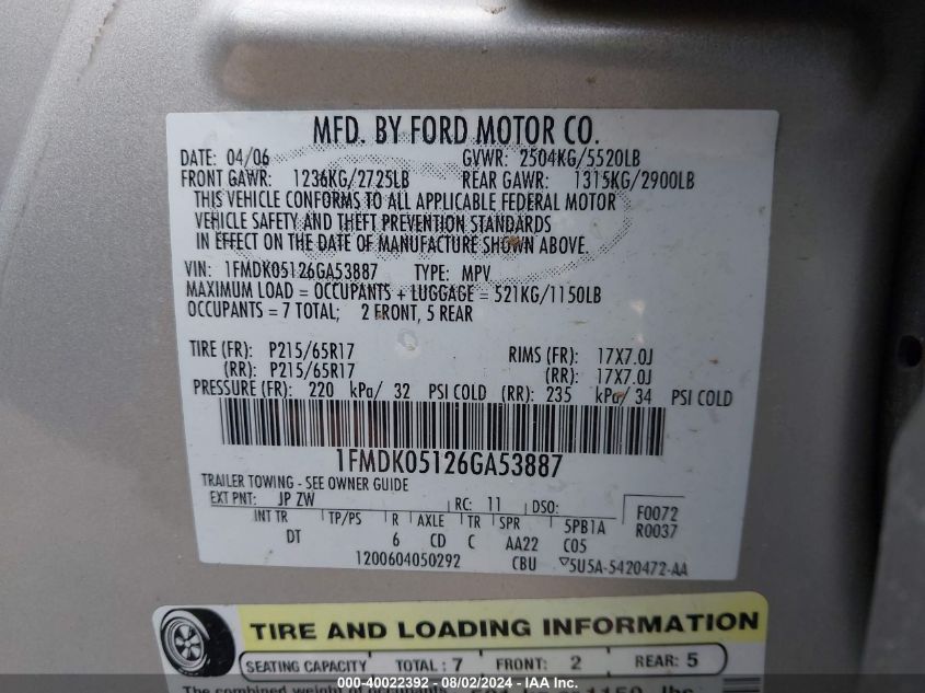 1FMDK05126GA53887 | 2006 FORD FREESTYLE