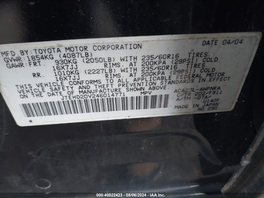 2004 Toyota Rav4 VIN: JTEHD20V246014771 Lot: 40022423