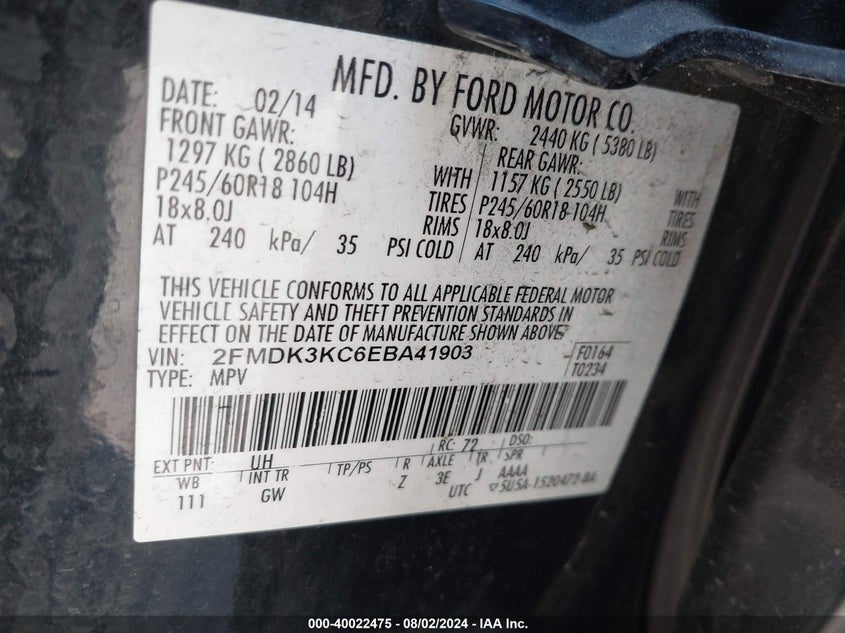 2014 Ford Edge Limited VIN: 2FMDK3KC6EBA41903 Lot: 40025057