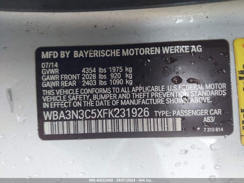 2015 BMW 428I VIN: WBA3N3C5XFK231926 Lot: 40022480