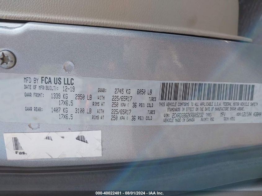 2019 Dodge Grand Caravan Se VIN: 2C4RDGBG2KR805232 Lot: 40022481