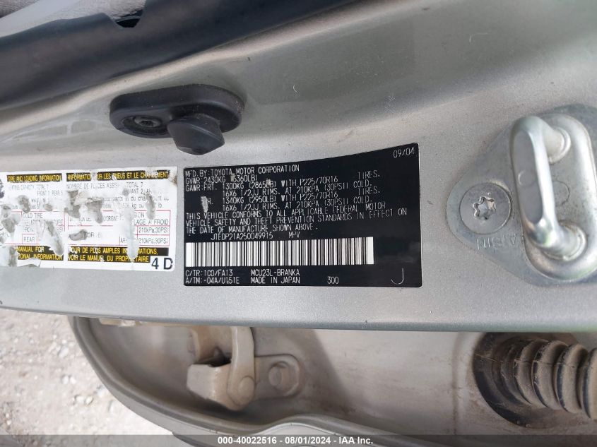 2005 Toyota Highlander V6 VIN: JTEDP21A250049915 Lot: 40022516