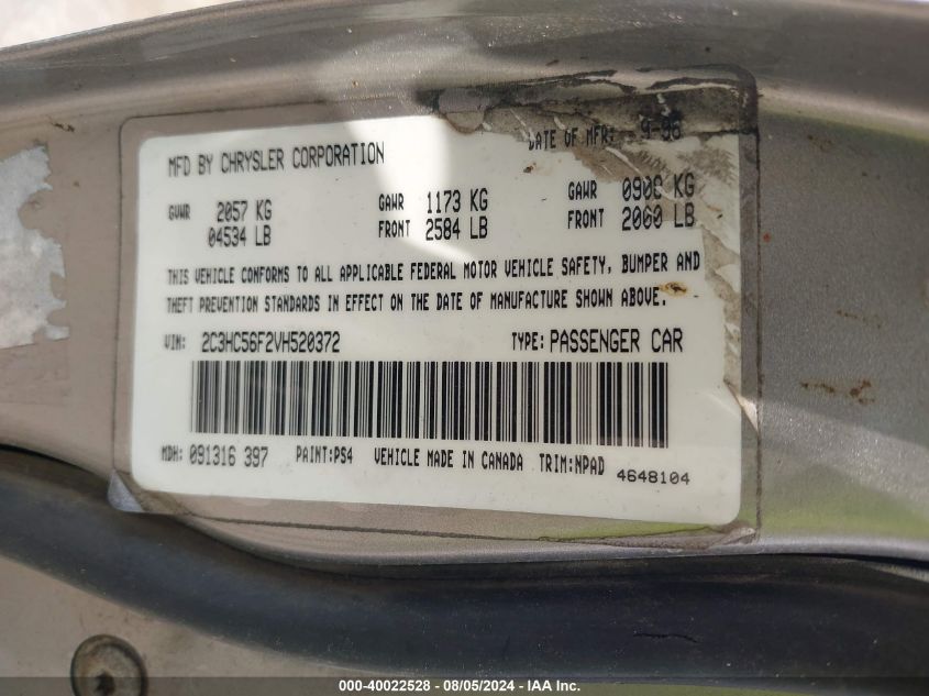 1997 Chrysler Lhs VIN: 2C3HC56F2VH520372 Lot: 40022528